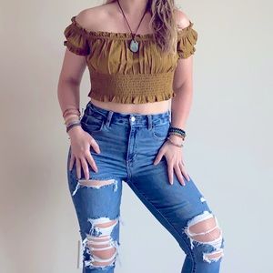 American Eagle ruffle gathered mustard crop top